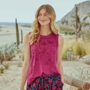 Nw Sundance Tank Top L Linen Sleeveless Blouse Embroidered Butterfly Floral Pink
